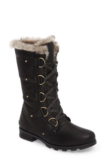 Women's Sorel Emelie Waterproof Lace Up Boot With Faux Fur Trim .5 M - Black