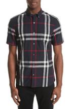 Men's Burberry 'elfords' Slim Fit Short Sleeve Check Linen & Cotton Sport Shirt - Blue