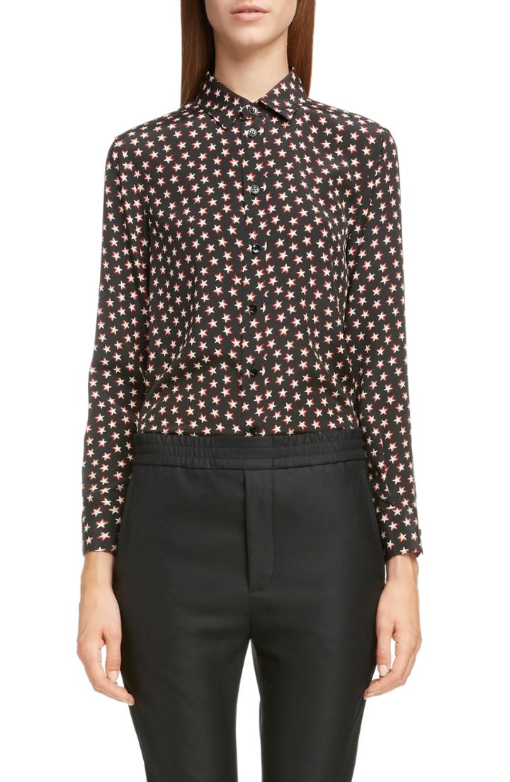 Women's Saint Laurent Star Print Silk Shirt Us / 36 Fr - Black