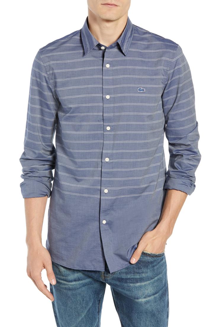 Men's Lacoste Slim Fit Wrinkle Free Stripe Poplin Sport Shirt - Blue