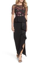 Women's Adrianna Papell Embroidered Ruffle Gown - Black