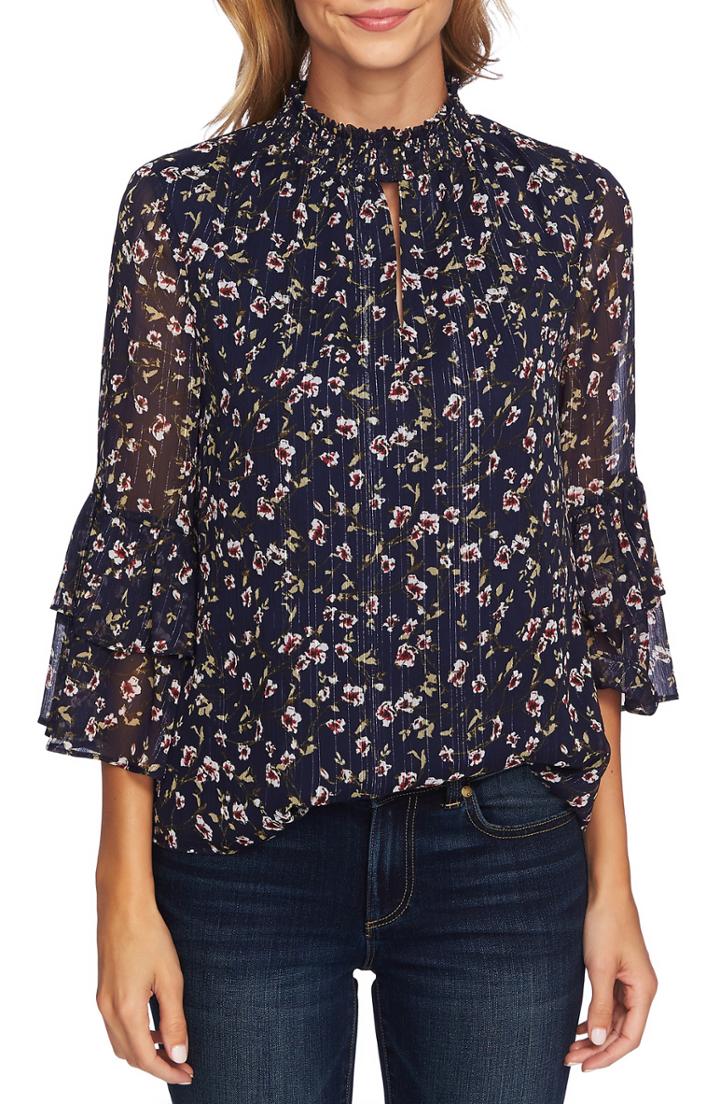 Women's Cece Ruffle Sleeve Metallic Accent Blouse - Blue