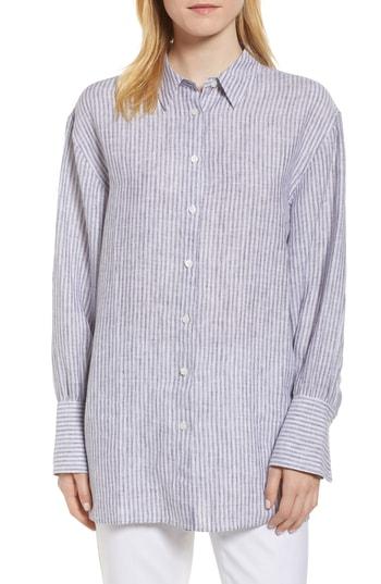 Women's Nordstrom Signature Button Back Stripe Linen Shirt - Blue