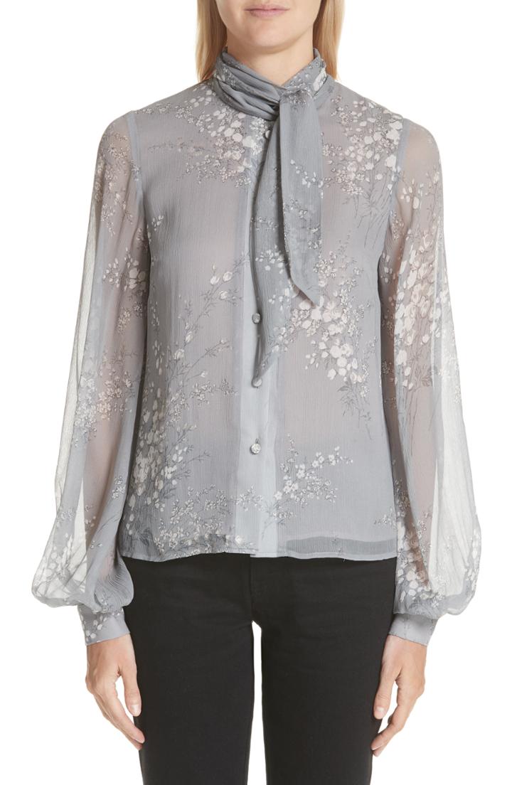 Women's Co Floral Print Tie Neck Crinkle Chiffon Blouse