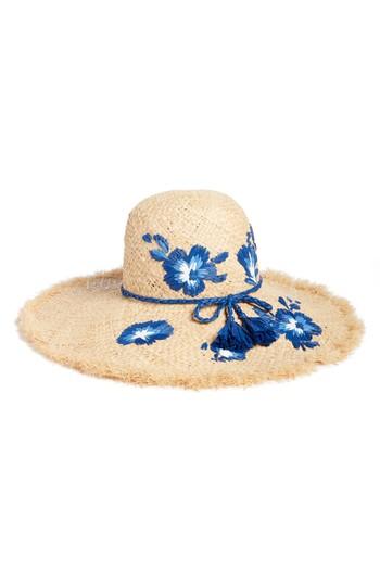 Women's Kate Spade New York Embroidered Hibiscus Straw Sun Hat - Brown