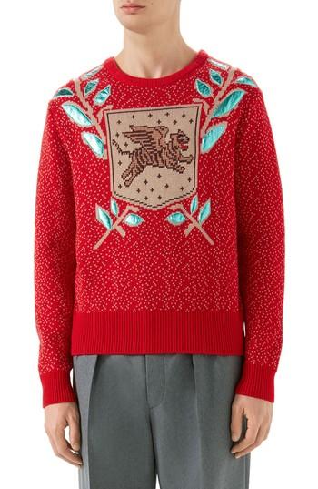 Men's Gucci Jacquard Wool Blend Sweater - Red