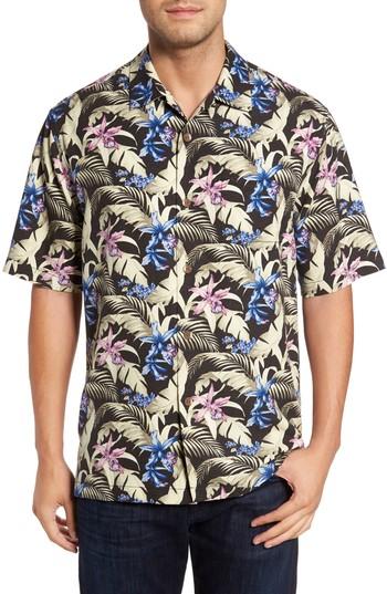 Men's Tommy Bahama Menara Garden Standard Fit Silk Camp Shirt, Size - Black