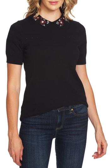 Women's Cece Embellished Collar Pointelle Detail Sweater, Size - Black