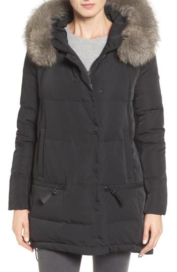 Women's Derek Lam 10 Crosby Relaxed Water Resistant Down Parka With Genuine Fox Fur Trim - Black