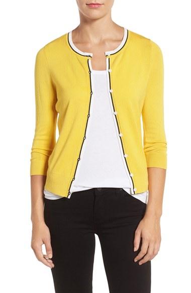 Petite Women's Halogen Three Quarter Sleeve Crewneck Cardigan P - Yellow