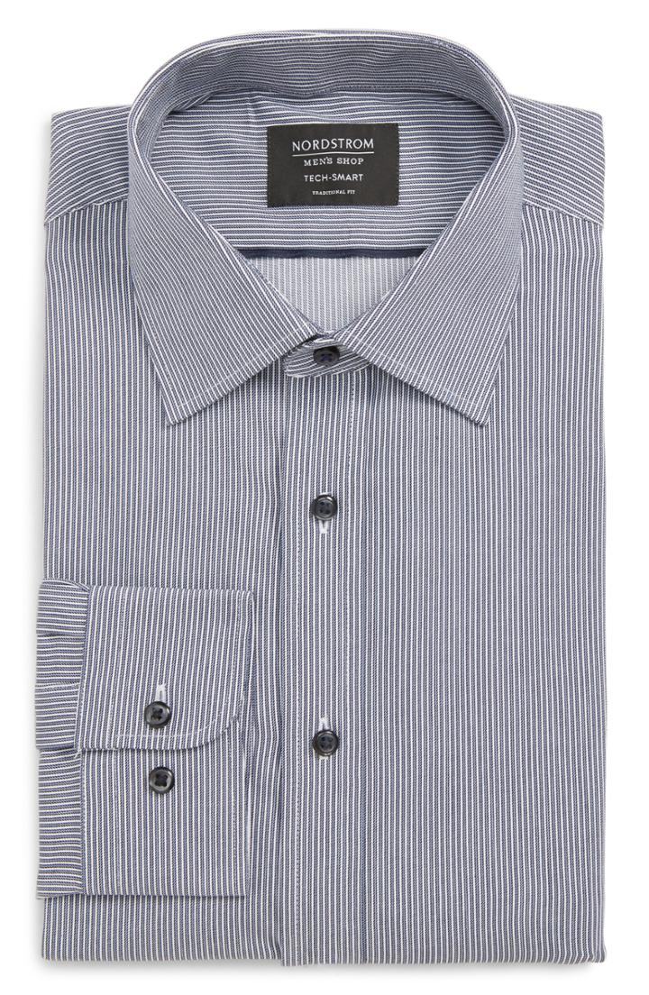 Men's Nordstrom Men's Shop Tech-smart Traditional Fit Stripe Stretch Dress Shirt .5 - 32/33 - Blue