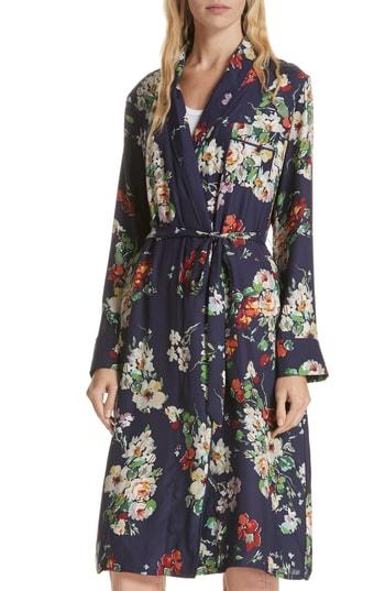 Women's The Great. Floral Silk Robe Jacket - Blue