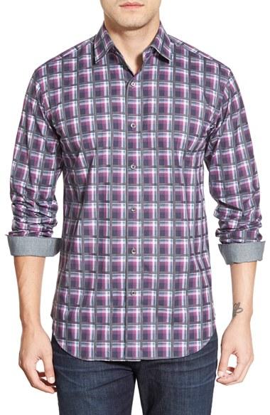 Men's Bugatchi Shaped Fit Check Sport Shirt - Purple