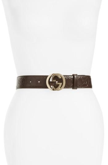 Women's Gucci Embossed Leather Belt - Cocoa/cocoa