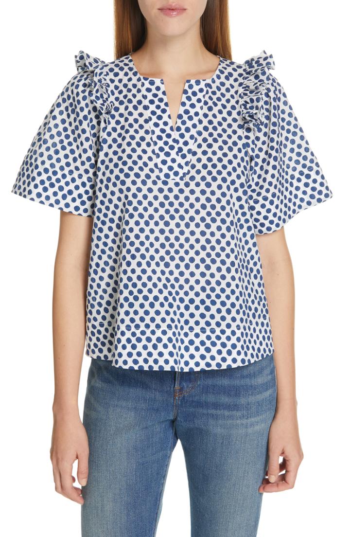 Women's Sea Ruffle Shoulder Polka Dot Top - Blue
