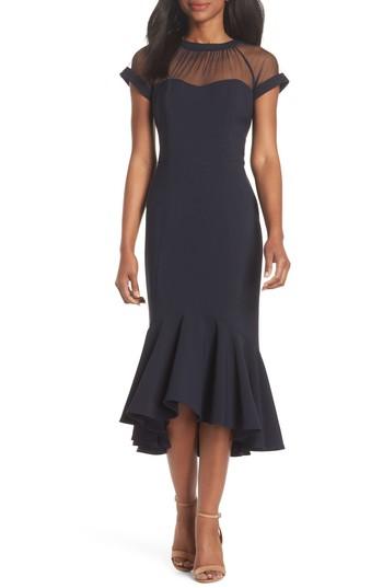 Women's Maggy London Illusion Neck Crepe Trumpet Dress - Blue