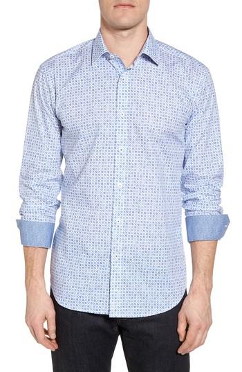 Men's Bugatchi Shaped Fit Floral Medallion Print Sport Shirt - Blue