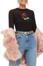 Women's Topshop By Tee & Cake Sequin Rose Mesh Crop Top Us (fits Like 0) - Black