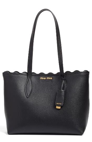 Miu Miu Small Wave Calfskin Leather Shopper - Black