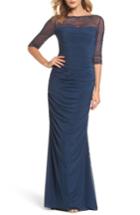 Women's La Femme Embellished Mesh Ruched Jersey Gown - Blue