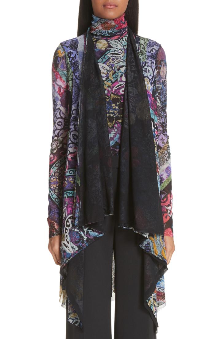 Women's Fuzzi Floral Patchwork Waterfall Hem Cardigan - Black