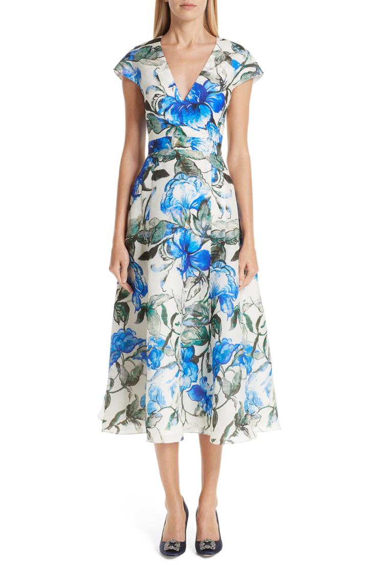 Women's Carolina Herrera Floral Silk Midi Dress - Ivory