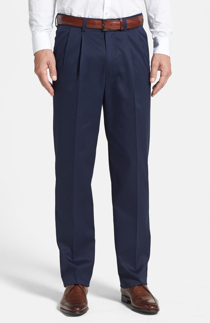 Men's Nordstrom Men's Shop 'classic' Smartcare(tm) Relaxed Fit Double Pleated Cotton Pants X 29 - Blue (online Only)