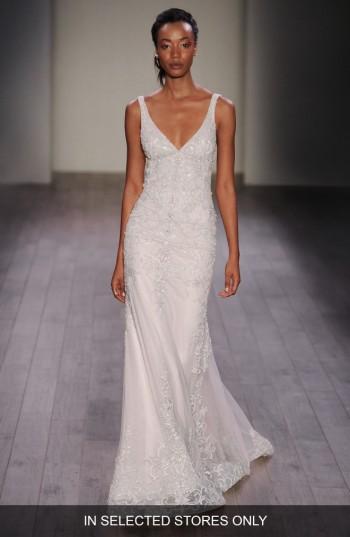 Women's Lazaro Beaded V-neck Slip Gown, Size - Ivory