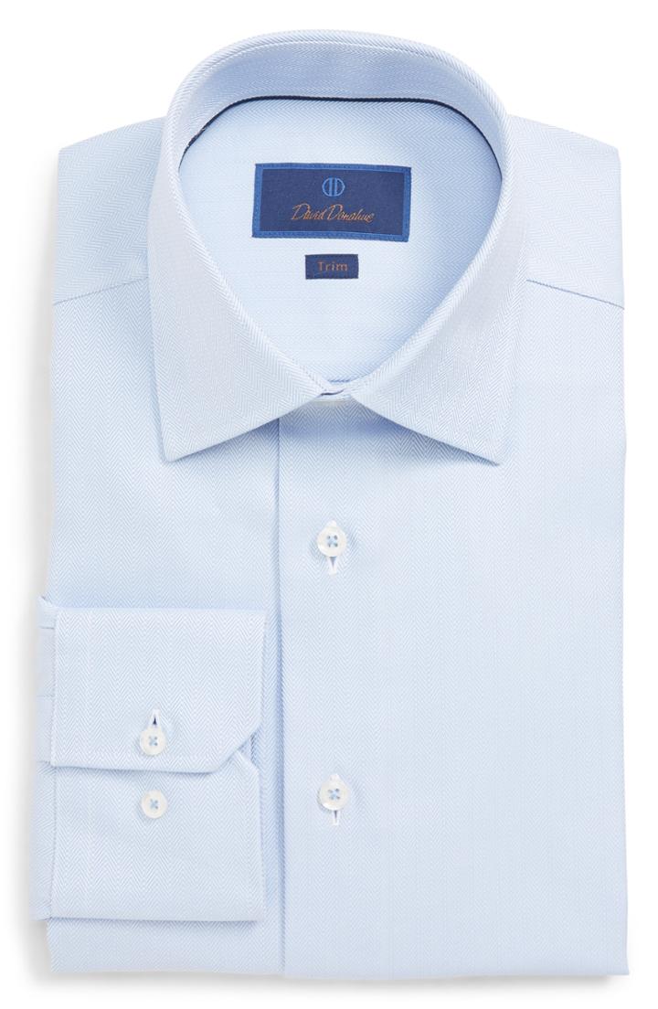 Men's David Donahue Trim Fit Herringbone Dress Shirt .5 - 34/35 - Blue