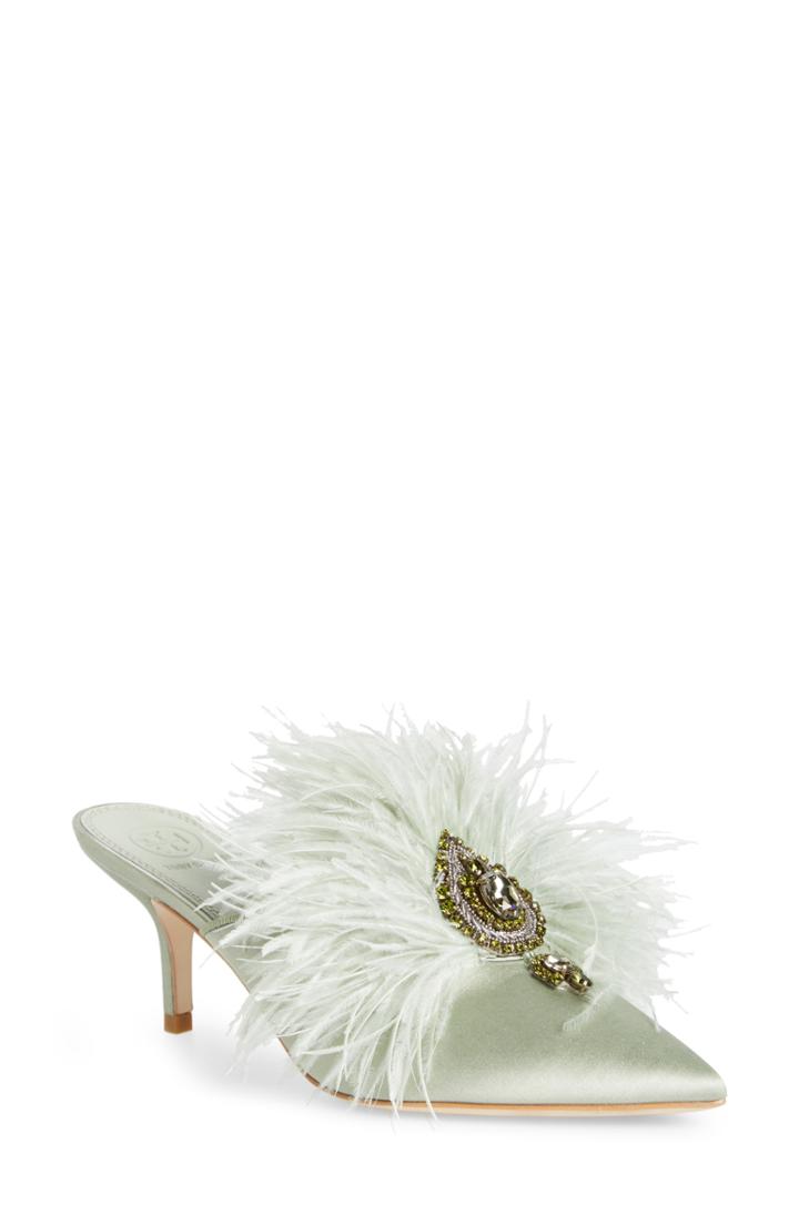 Women's Tory Burch Elodie Embellished Feather Mule .5 M - Green