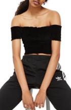 Women's Topshop Smocked Velvet Off The Shoulder Crop Top Us (fits Like 0) - Black