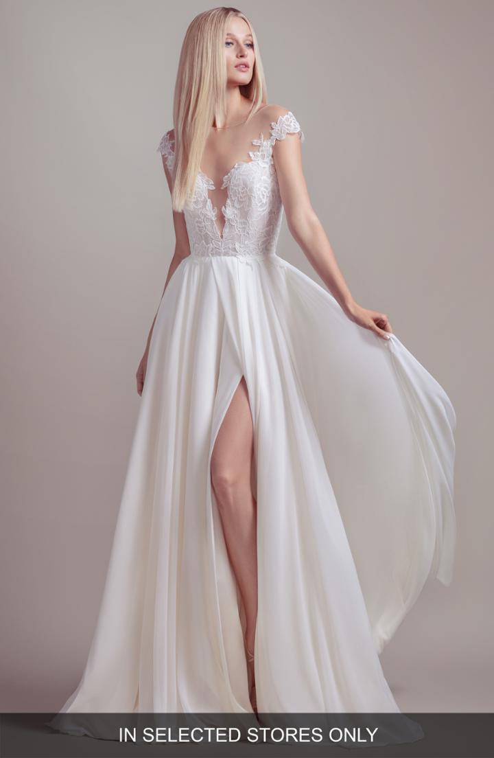 Women's Blush By Hayley Paige Soleil Illusion Lace & Chiffon A-line Wedding Dress, Size In Store Only - Ivory