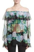 Women's Dolce & Gabbana Hydrangea Print Silk Off The Shoulder Top Us / 46 It - Green