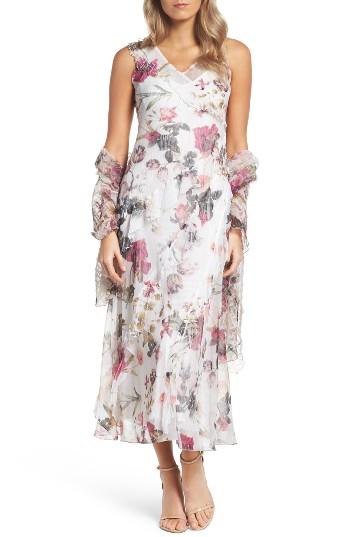 Women's Komarov Print Chiffon Tiered Maxi Dress & Shawl