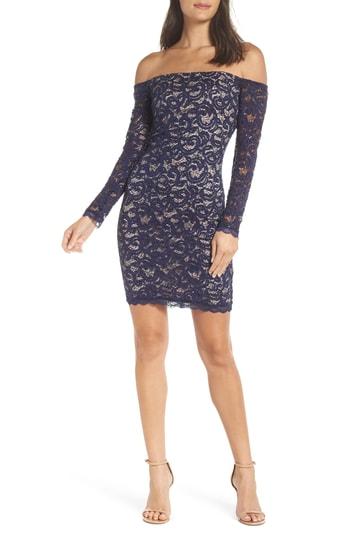 Women's Sequin Hearts Off The Shoulder Long Sleeve Lace Cocktail Dress - Blue