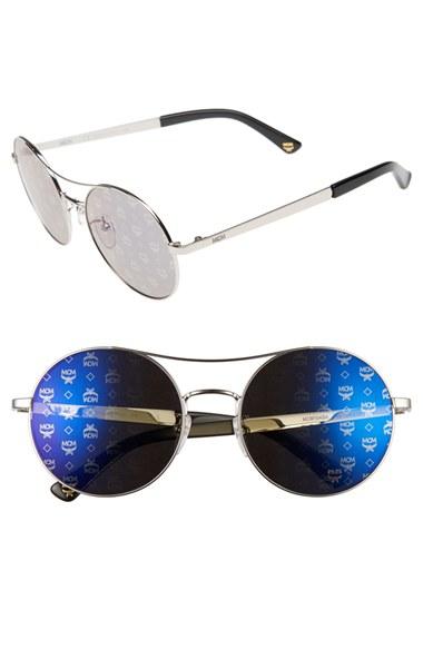 Women's Mcm 54mm Round Logo Sunglasses - Shiny Light Gold/ Blue