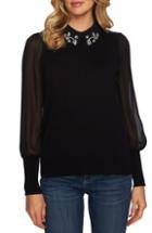 Women's Cece Crystal Collar Detail Mixed Media Sweater, Size - Black