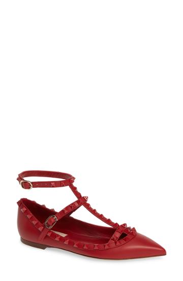 Women's Valentino Garavani Rockstud Double Ankle Strap Pointy Toe Flat Us / 34eu - Red