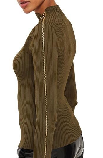 Women's Topshop Zip Sleeve Funnel Neck Sweater Us (fits Like 0) - Green