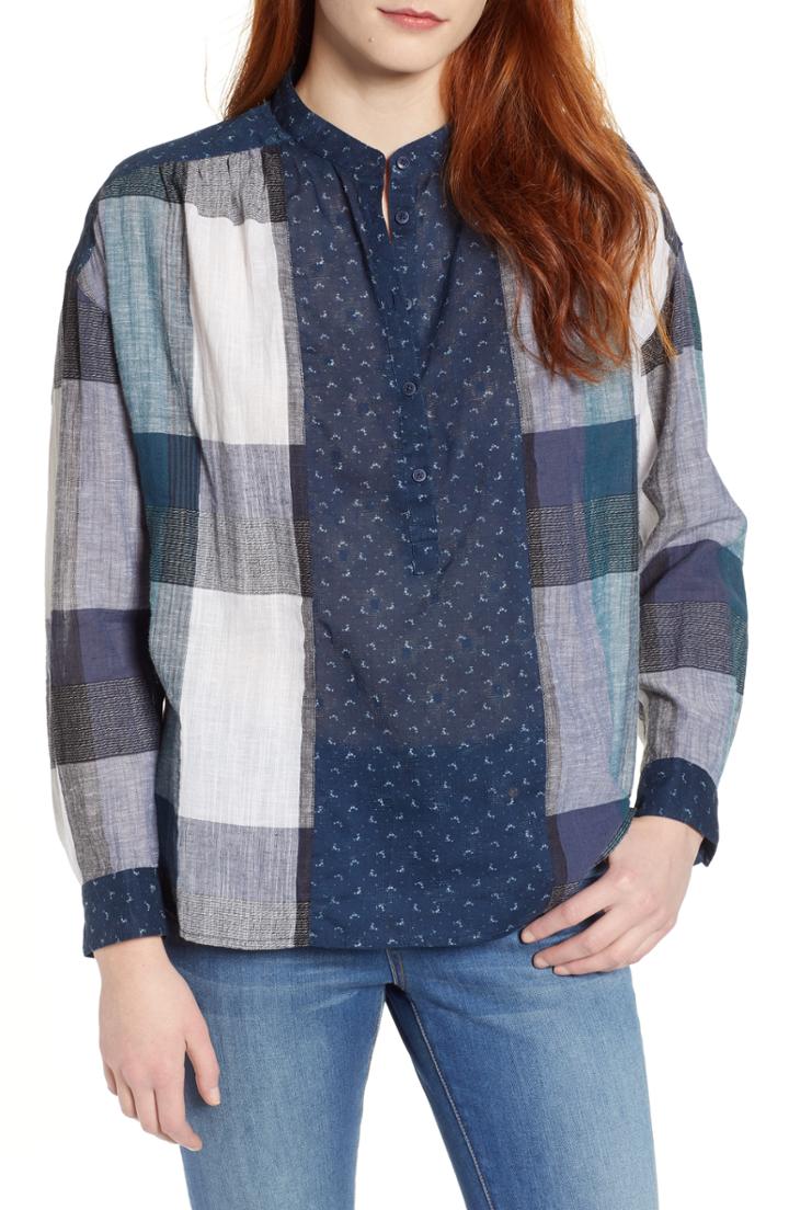 Women's Lucky Brand Mix Plaid Cotton & Linen Blouse - Blue