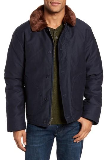 Men's Schott Nyc Faux Fur Collar Water-repellent Corduroy Down Jacket - Blue