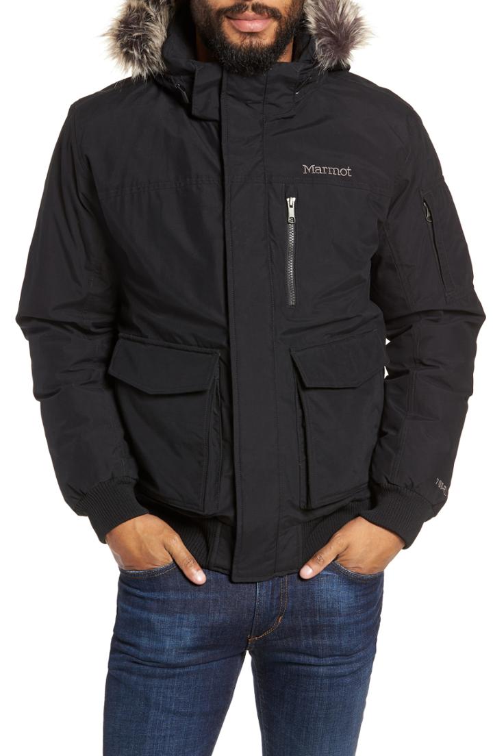 Men's Marmot Stonehaven Waterproof 700 Fill Power Down Jacket With Faux Fur Trim - Black