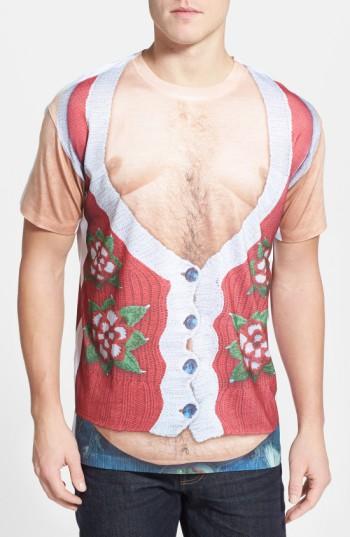 Men's Faux Real Hairy Belly Poinsettia Short Sleeve Novelty T-shirt, Size - Red