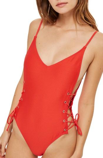 Women's Topshop Ribbed Eyelet One-piece Swimsuit Us (fits Like 0) - Red