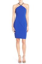 Women's Carmen Marc Valvo Infusion Beaded Neck Crepe Sheath Dress - Blue