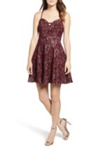 Women's Speechless Glitter Floral Fit & Flare Dress - Burgundy