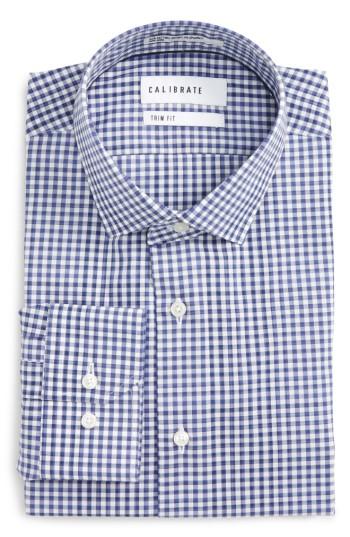 Men's Calibrate Trim Fit Stretch Non-iron Check Dress Shirt 32/33 - Blue