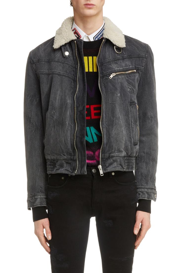 Men's Givenchy Denim Bomber Jacket With Faux Shearling Lining