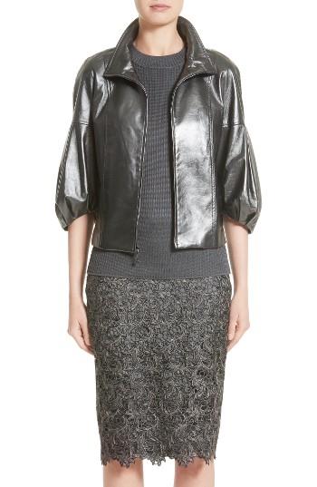 Women's St. John Collection Pearlized Nappa Leather Jacket, Size - Grey