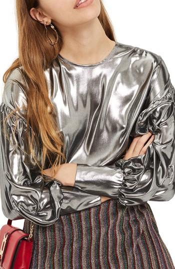 Women's Topshop Balloon Sleeve Lame Blouse Us (fits Like 0) - Metallic